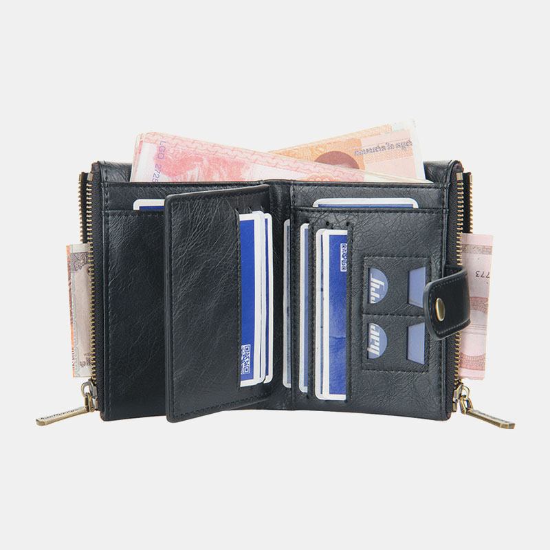 Menn Pu-skinn Kort Bifold Dobbel Glidelås Multi-card Slot Kortholder Retro Myntpung Pengeklips Lommebok