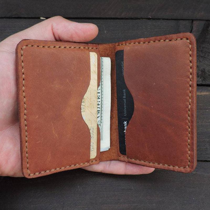 Menn Retro Ekte Skinn Bifold Thin Card Case Money Clip Lommebøker