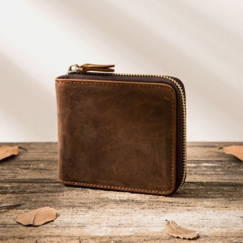 Menn Vintage Ekte Skinn Glidelås Rundt Cardwallet Holder Mynt Bag