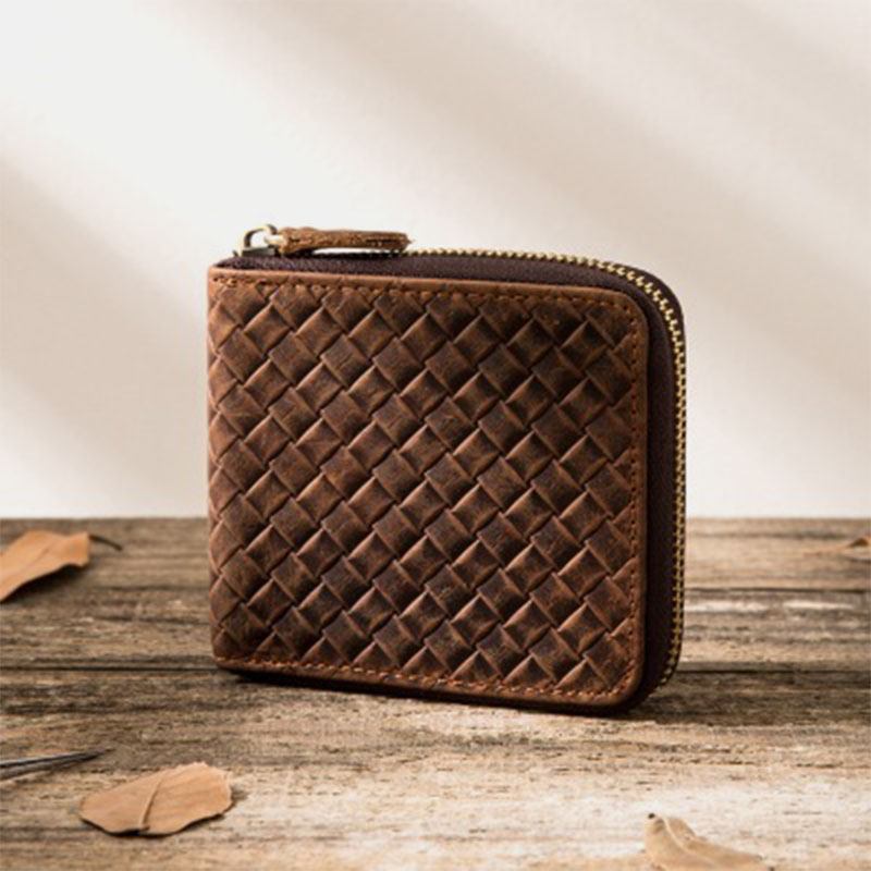 Menn Vintage Ekte Skinn Glidelås Rundt Cardwallet Holder Mynt Bag