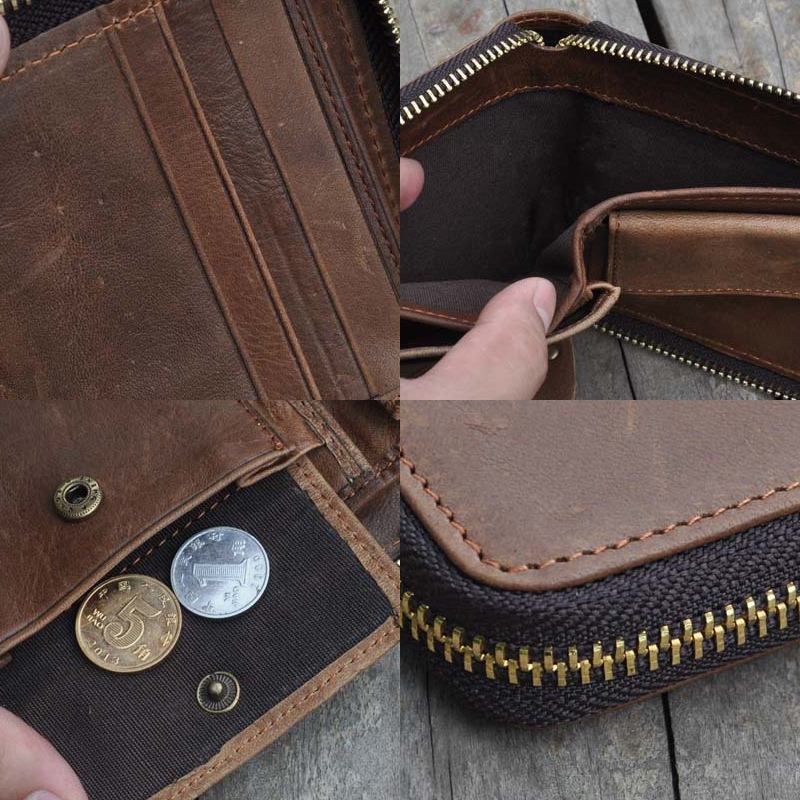 Menn Vintage Ekte Skinn Glidelås Rundt Cardwallet Holder Mynt Bag