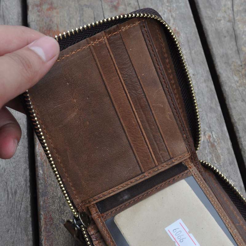 Menn Vintage Ekte Skinn Glidelås Rundt Cardwallet Holder Mynt Bag