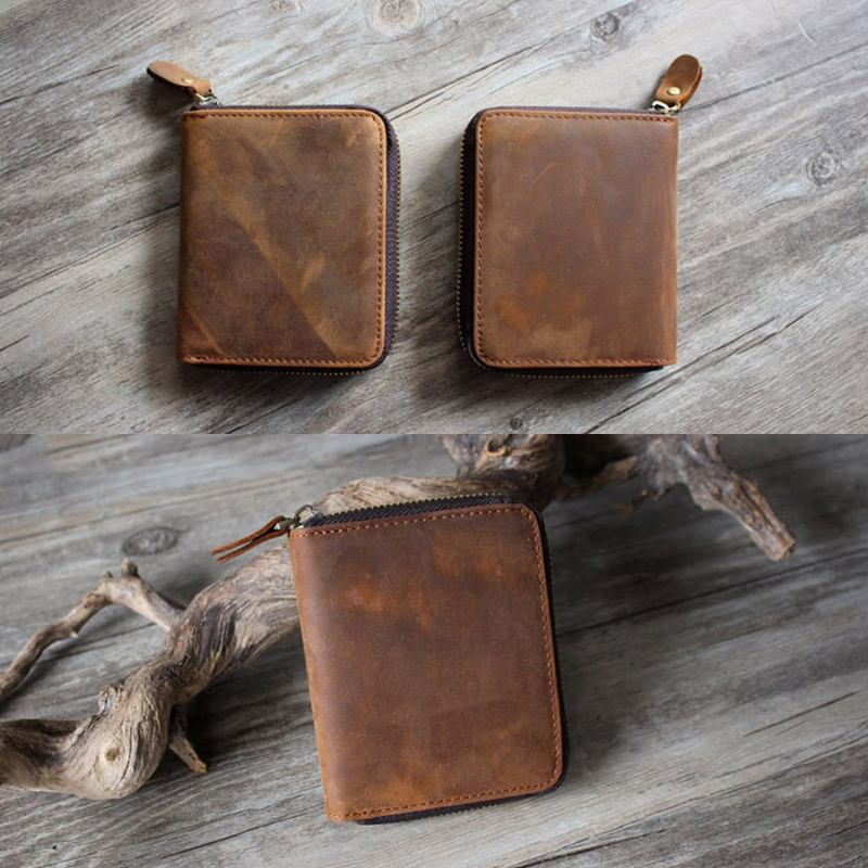 Menn Vintage Ekte Skinn Glidelås Rundt Cardwallet Holder Mynt Bag