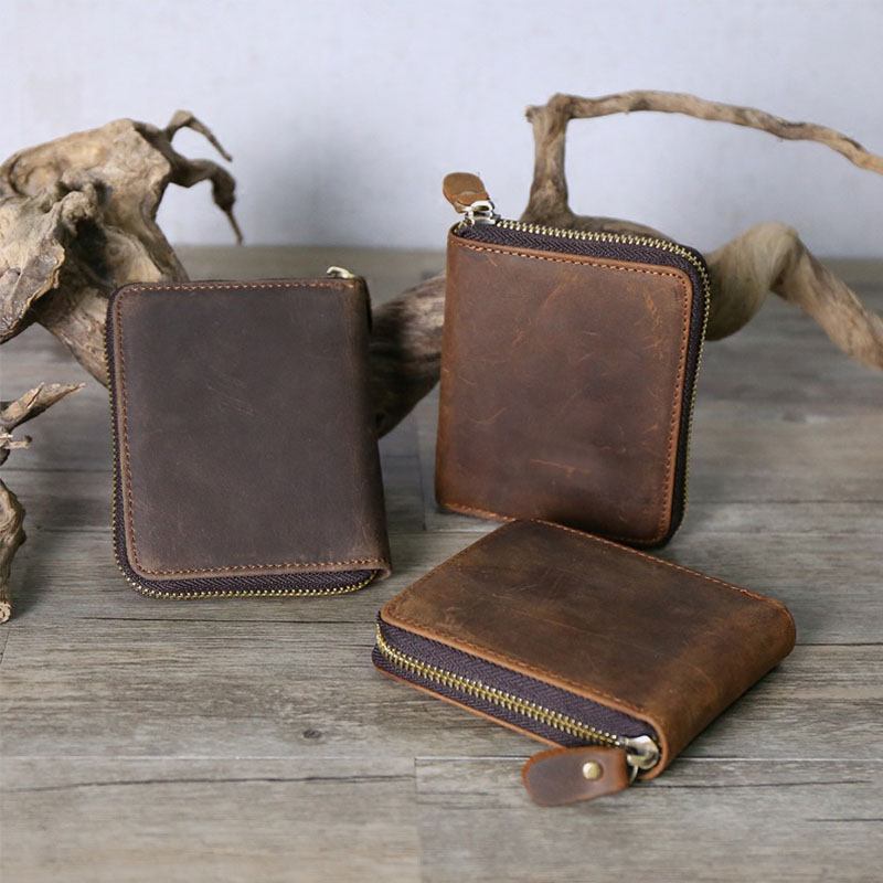 Menn Vintage Ekte Skinn Glidelås Rundt Cardwallet Holder Mynt Bag