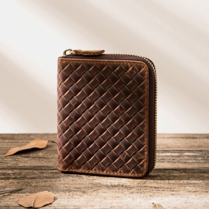 Menn Vintage Ekte Skinn Glidelås Rundt Cardwallet Holder Mynt Bag