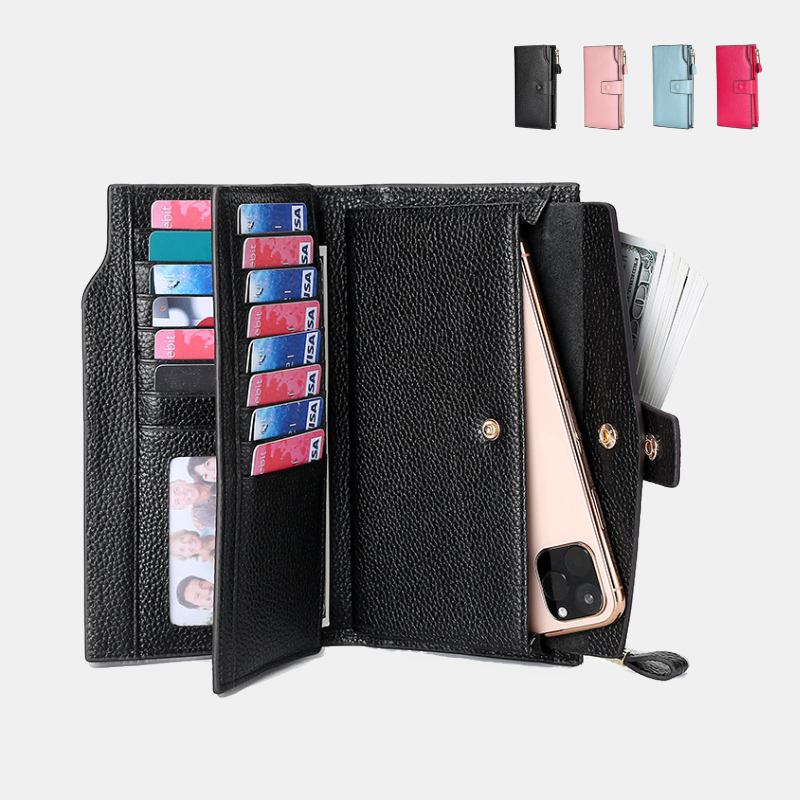 Unisex Ekte Lær Anti-tyveri Litchi Mønster 5.8 Tommer Telefonveske Clutch Veske Multi-slot Kortholder Lommebok