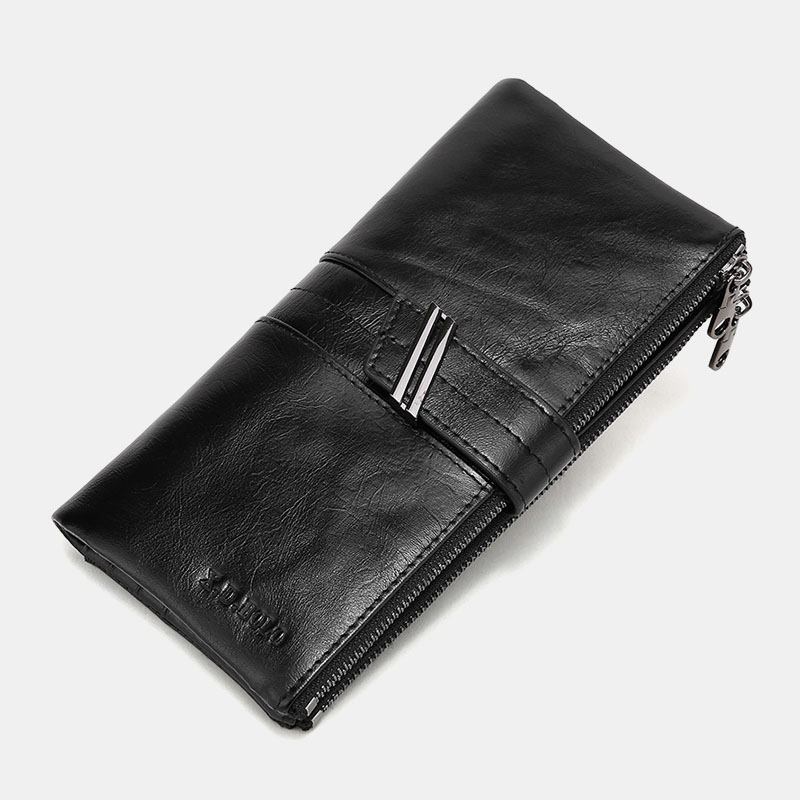 Unisex Ekte Skinnvoks Retro Ensfarget Dobbel Glidelås Clutch Lommebok For Kortholder Med Flere Spor