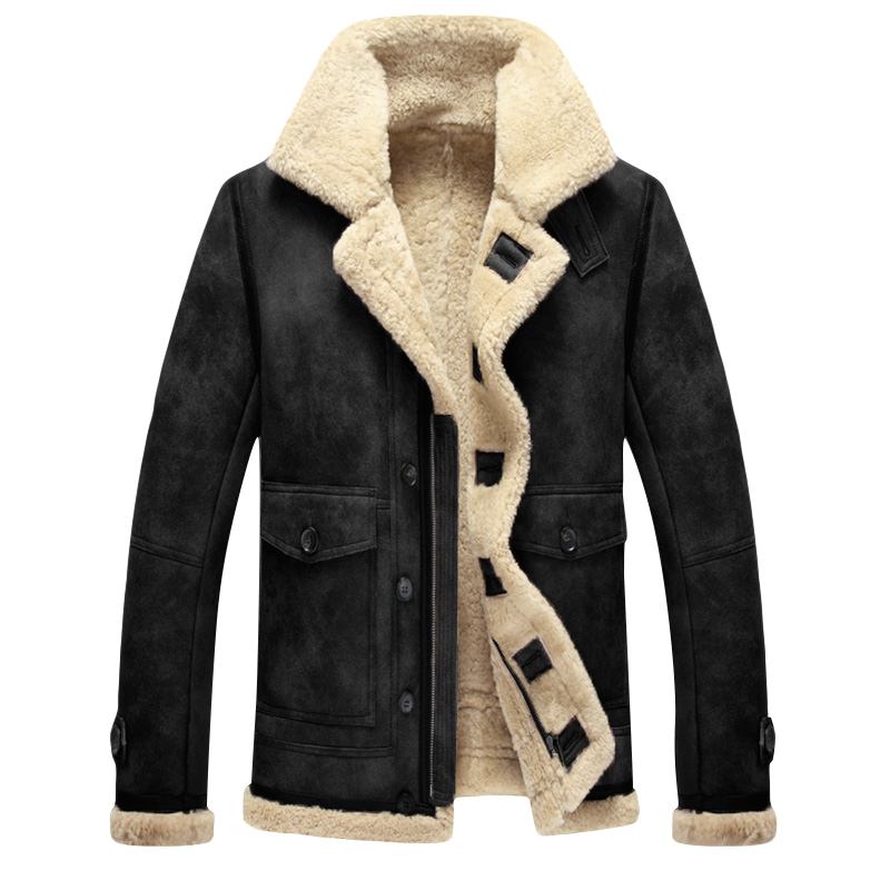 Herre Biker Jacket Big Pocket Shearling Faux Leather