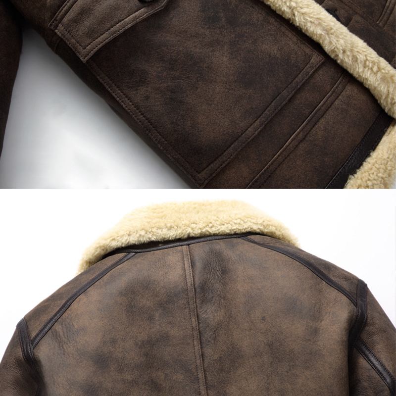 Herre Biker Jacket Big Pocket Shearling Faux Leather