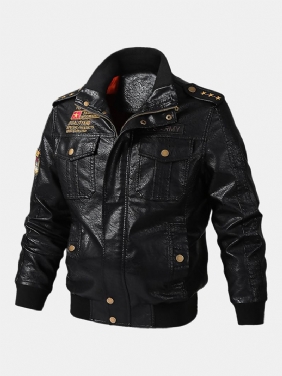 Herre Pu Leather Badge Zip Front Biker-jakker Med Klafflommer