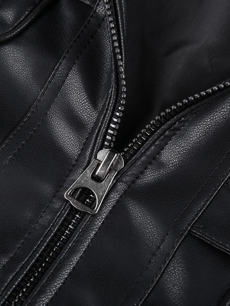 Menn Pocket Zip-up Pu Skinn Svart Langermet Motorsykkeljakke