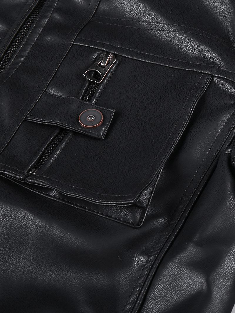 Menn Pocket Zip-up Pu Skinn Svart Langermet Motorsykkeljakke