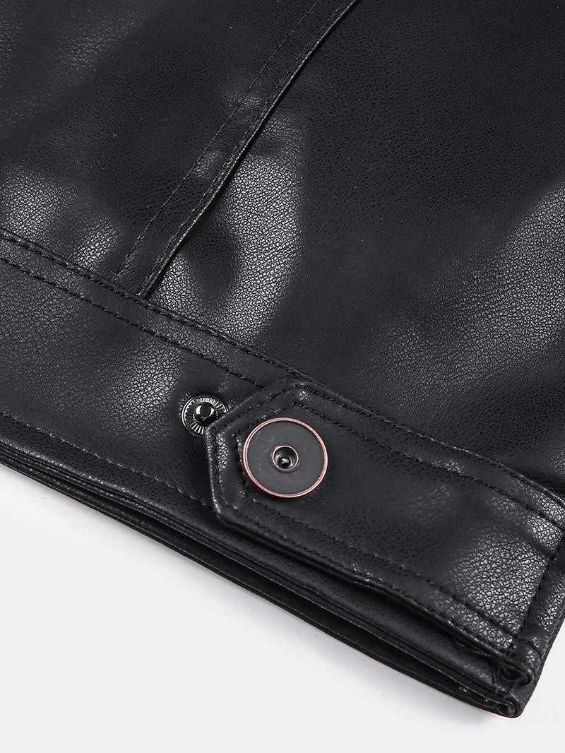 Menn Pocket Zip-up Pu Skinn Svart Langermet Motorsykkeljakke