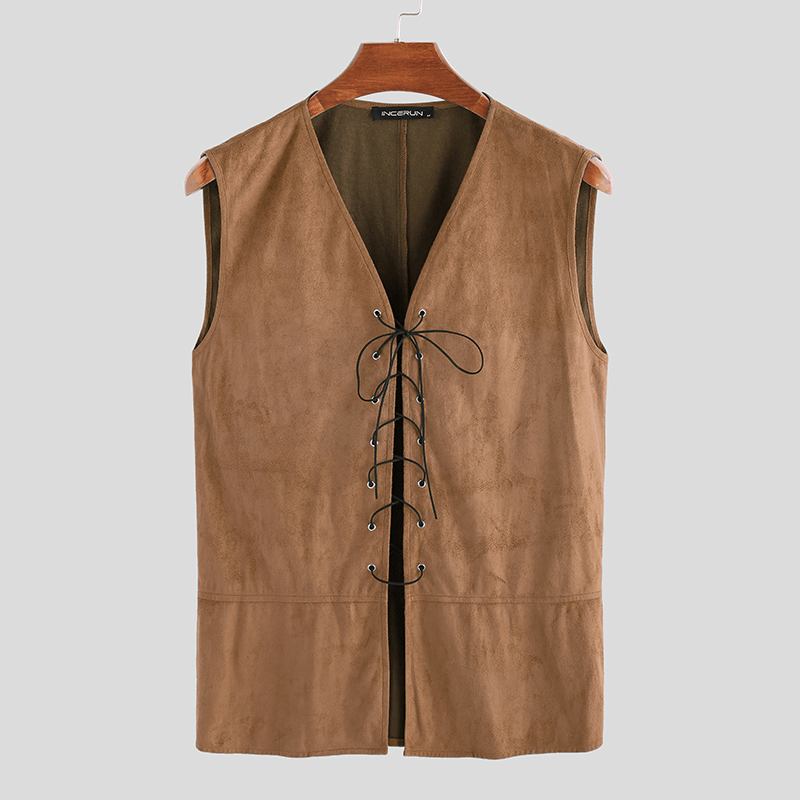 Herre Vintage V-hals Snøring Ensfarget Fritids Vest