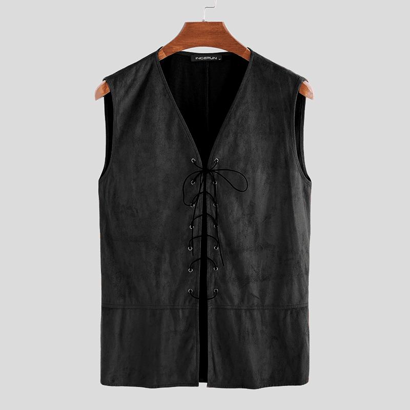 Herre Vintage V-hals Snøring Ensfarget Fritids Vest