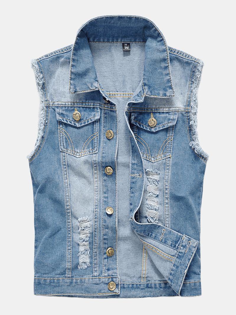 Herremote Denim Doble Lommer Turn Down Collar Fritids Vest