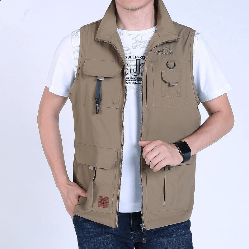 Herremote Multilommer Ensfarget Loose Fit Fritids Vest