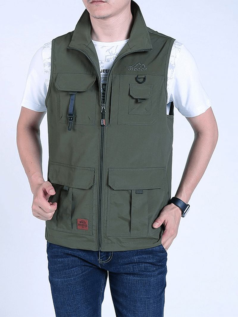 Herremote Multilommer Ensfarget Loose Fit Fritids Vest