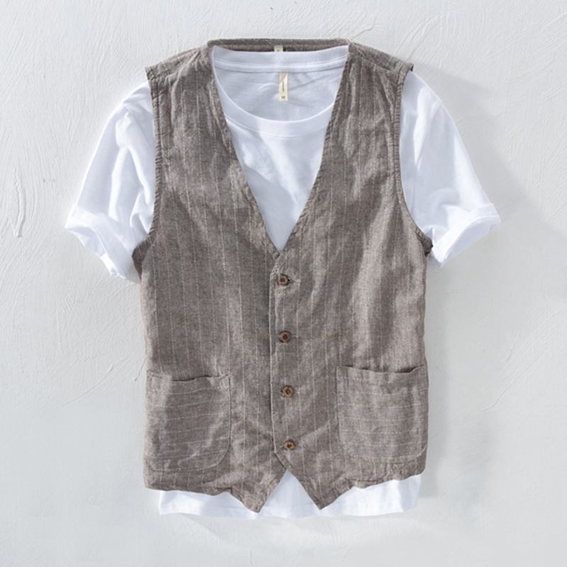 Retro Stripet Lin V-hals Vest For Menn