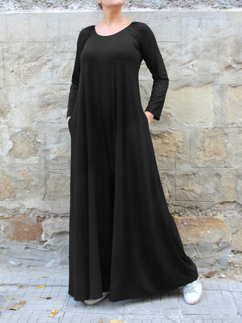 Dame Ensfarget Rund Hals Langermet Wide Leg Jumpsuit Med Sidelomme