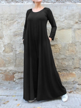 Dame Ensfarget Rund Hals Langermet Wide Leg Jumpsuit Med Sidelomme