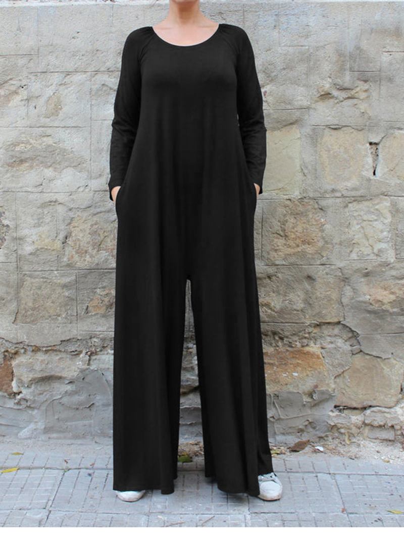 Dame Ensfarget Rund Hals Langermet Wide Leg Jumpsuit Med Sidelomme