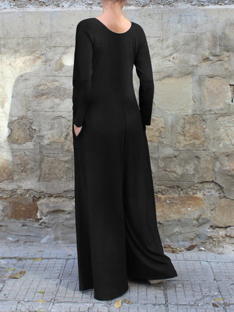 Dame Ensfarget Rund Hals Langermet Wide Leg Jumpsuit Med Sidelomme