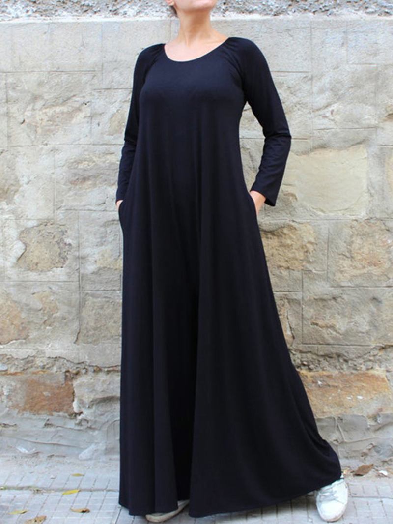 Dame Ensfarget Rund Hals Langermet Wide Leg Jumpsuit Med Sidelomme