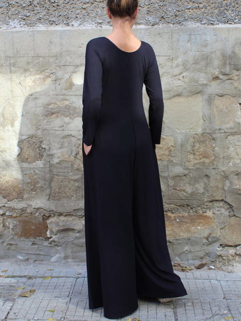 Dame Ensfarget Rund Hals Langermet Wide Leg Jumpsuit Med Sidelomme