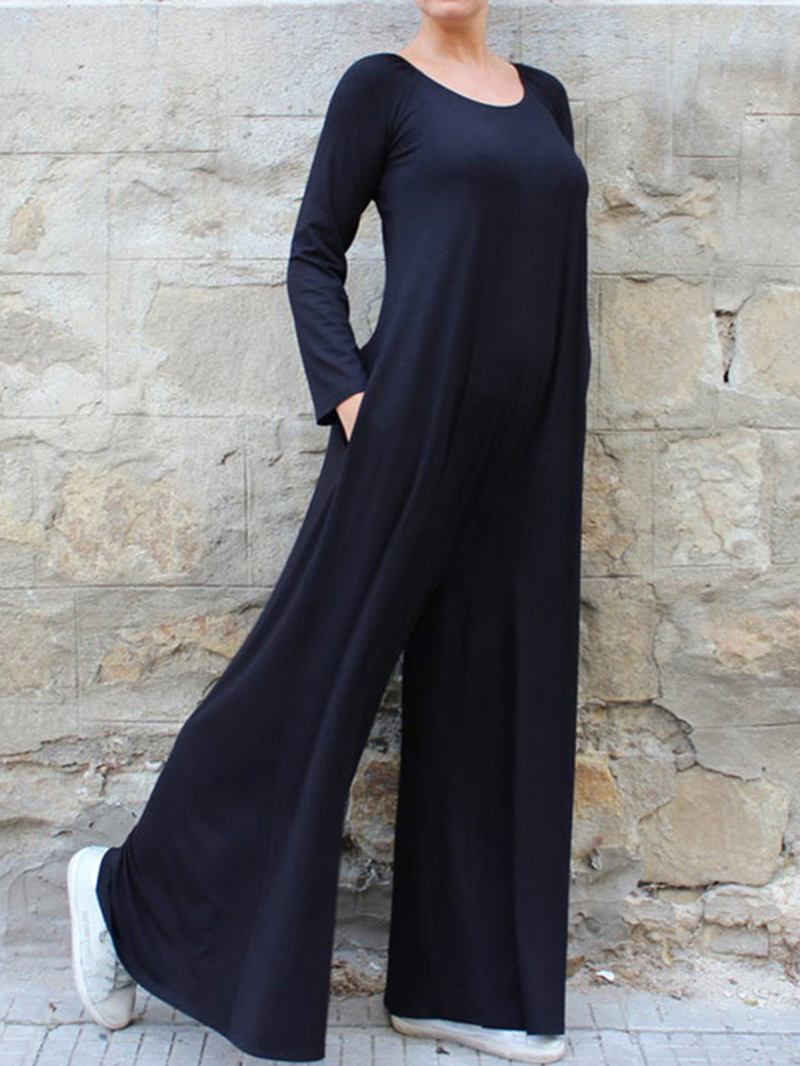 Dame Ensfarget Rund Hals Langermet Wide Leg Jumpsuit Med Sidelomme