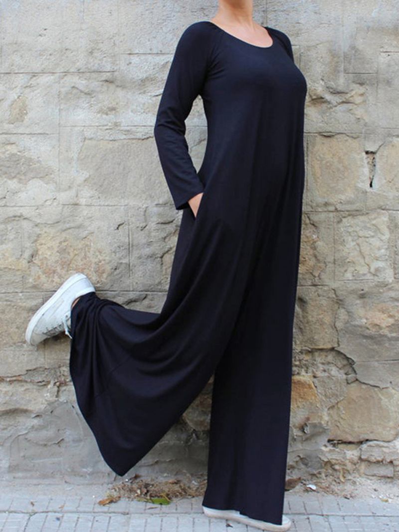 Dame Ensfarget Rund Hals Langermet Wide Leg Jumpsuit Med Sidelomme