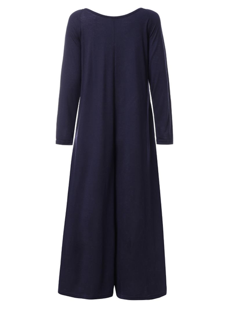 Dame Ensfarget Rund Hals Langermet Wide Leg Jumpsuit Med Sidelomme