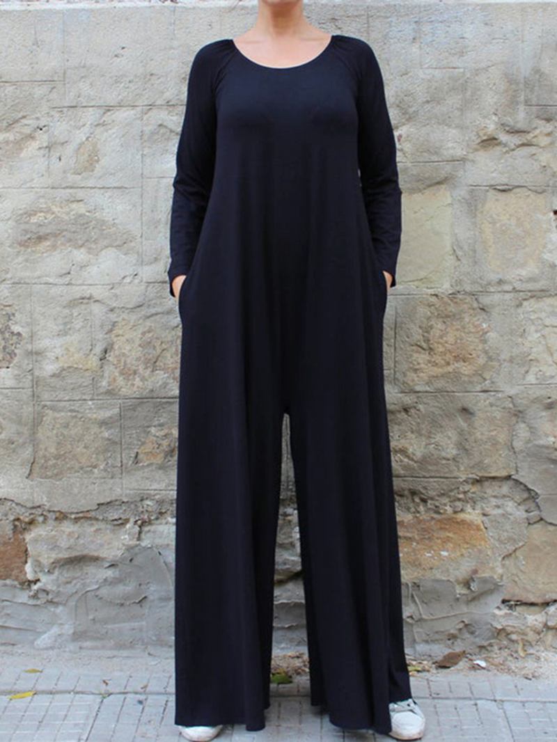 Dame Ensfarget Rund Hals Langermet Wide Leg Jumpsuit Med Sidelomme