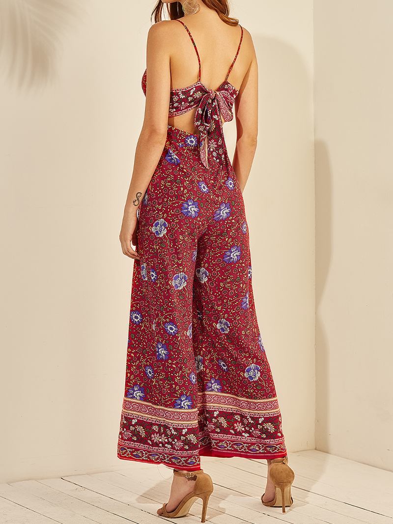 Kvinner Blomstrete Med Trykk Etnisk Stil Ermeløs V-hals Wide Leg Jumpsuit