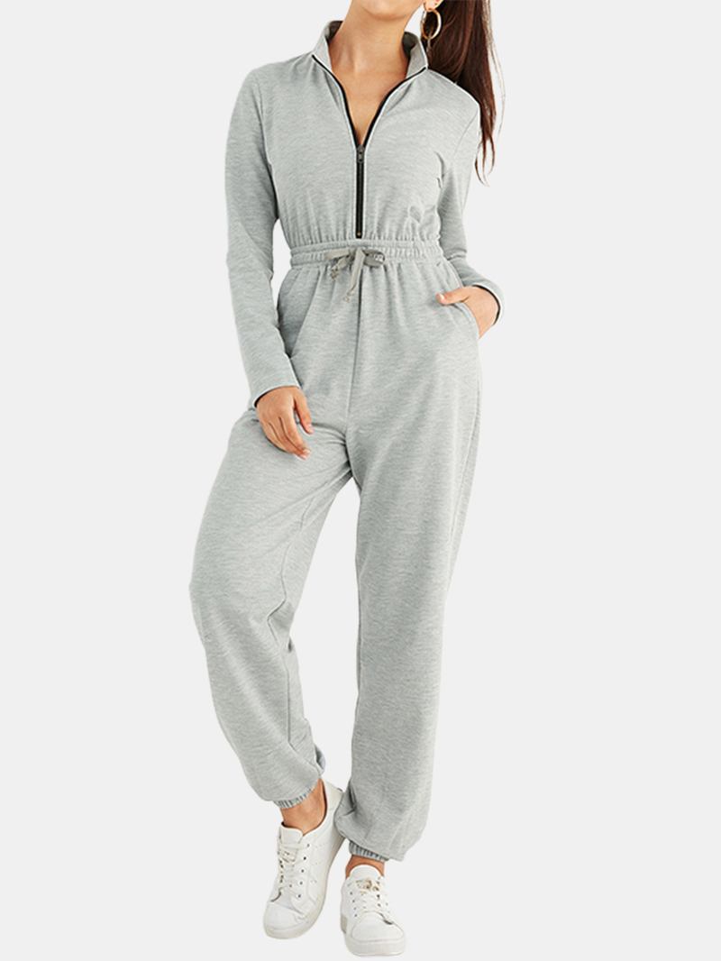 Kvinner Ensfarget Glidelås Snøring Lomme Langermet Sports Fritids Jumpsuit