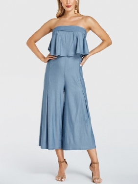 Kvinner Ensfarget Ruffle Plissert Off Shoulder Lang Fritids Jumpsuit