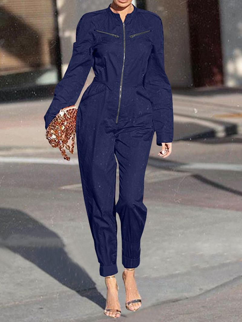 Kvinner Zip Front Langermet Beam Feet Cargo Ensfarge Jumpsuits Med Lomme