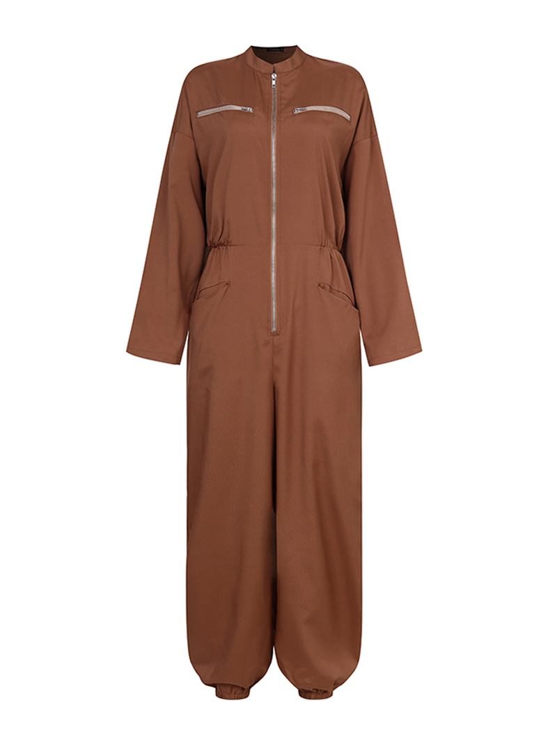 Kvinner Zip Front Langermet Beam Feet Cargo Ensfarge Jumpsuits Med Lomme