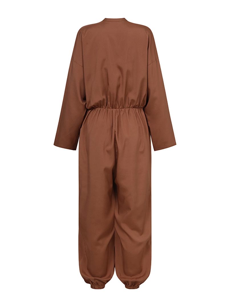 Kvinner Zip Front Langermet Beam Feet Cargo Ensfarge Jumpsuits Med Lomme