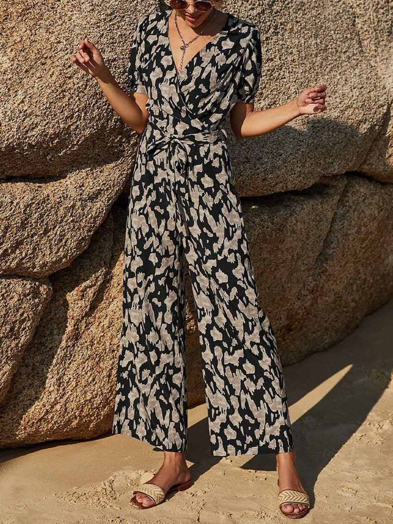 Uformell Leopardprint V-hals Knutede Kortermede Jumpsuits For Kvinner