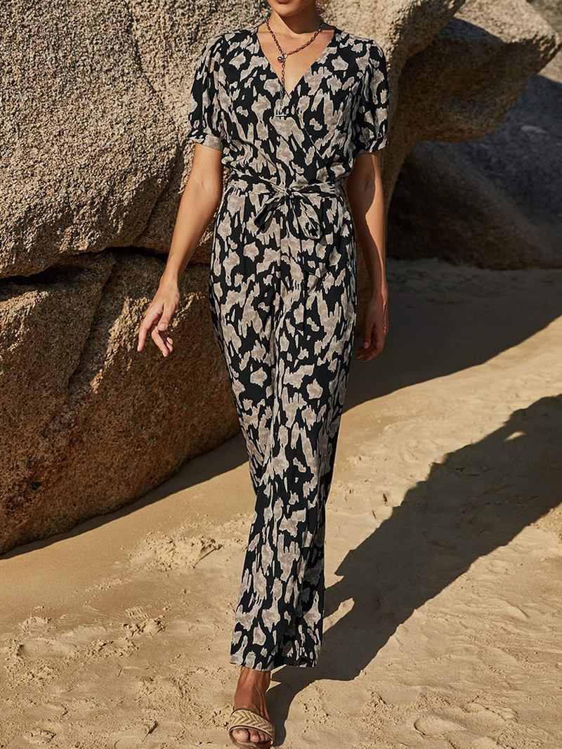 Uformell Leopardprint V-hals Knutede Kortermede Jumpsuits For Kvinner