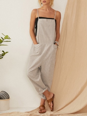 Uformelle Løse Rutete Stropper Harem Jumpsuits Overalls For Kvinner Med Frontlomme