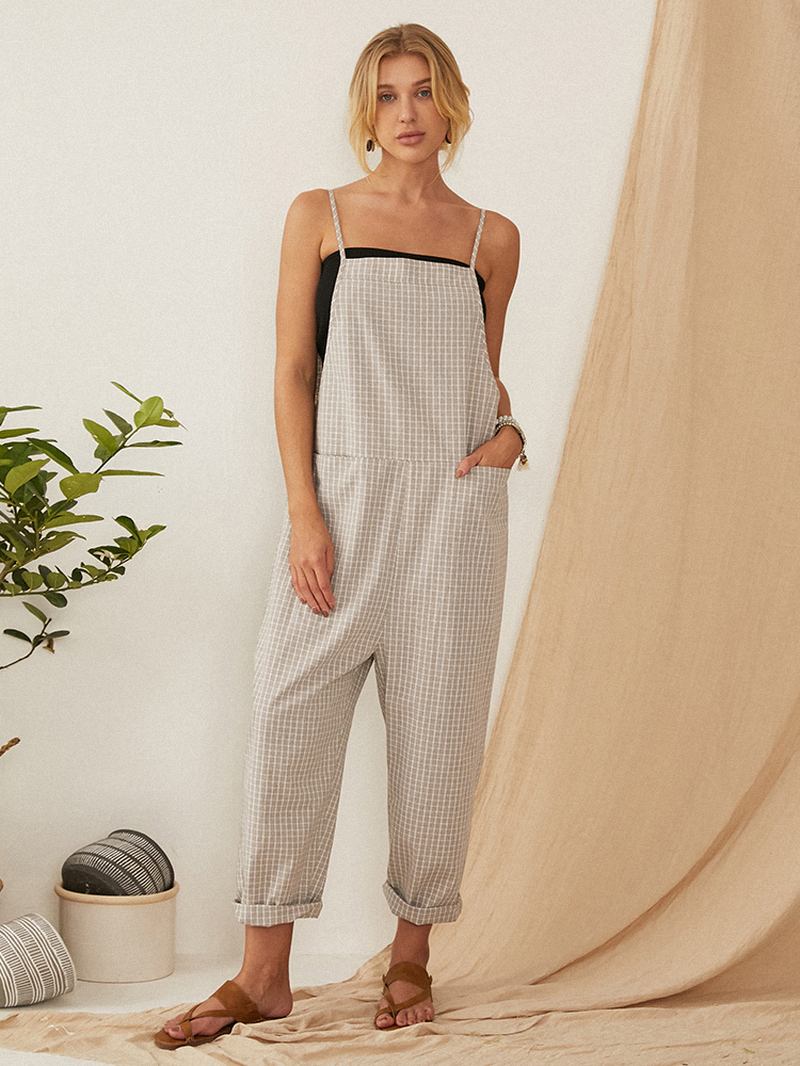 Uformelle Løse Rutete Stropper Harem Jumpsuits Overalls For Kvinner Med Frontlomme