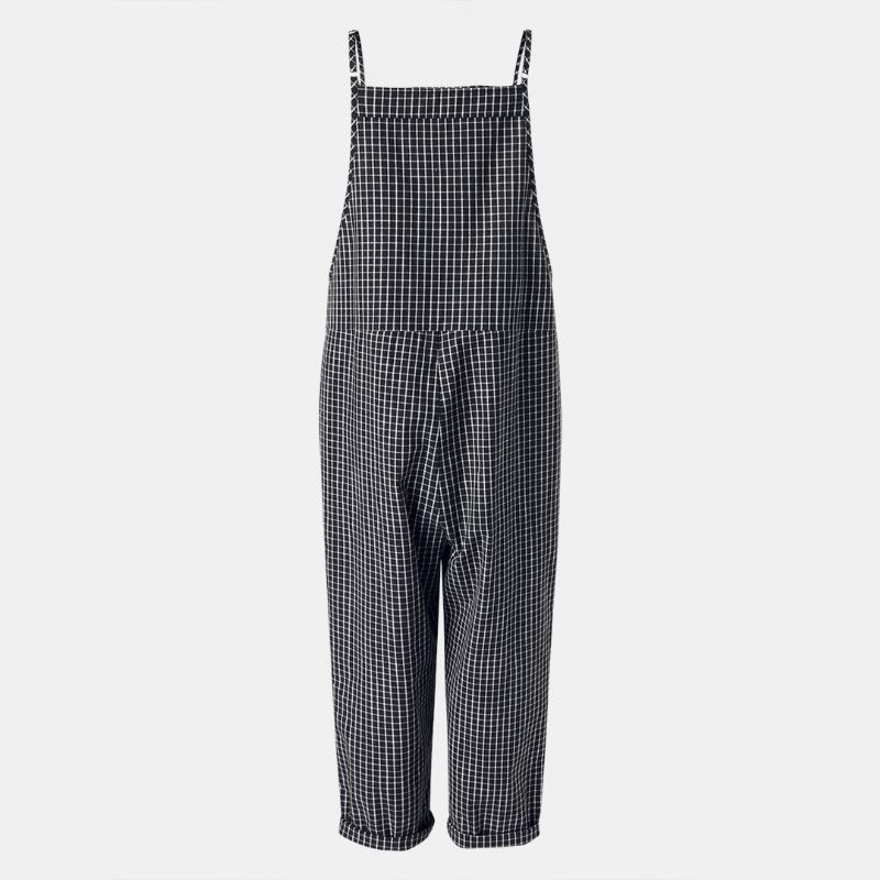 Uformelle Løse Rutete Stropper Harem Jumpsuits Overalls For Kvinner Med Frontlomme