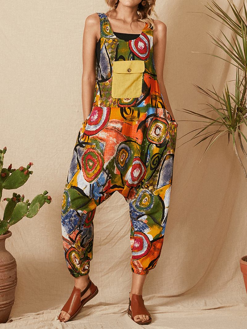 Vintage Graffiti Med Trykk Patchwork Strap Ermeløs Lomme-jumpsuit