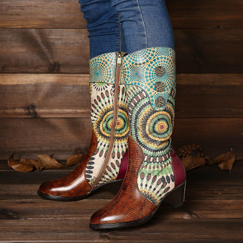 Damespleising Tribal Mønster Glidelås Western Cowboy Boots