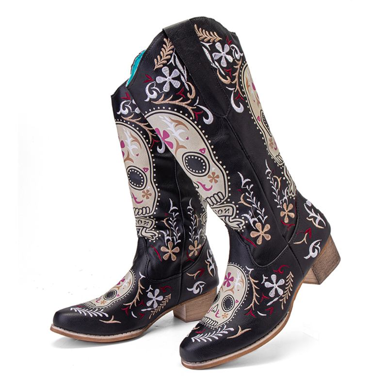 Kvinner Farge Kartoon Trykt Brodert Slitebestandig Chunky Heel Mid-calf Boots