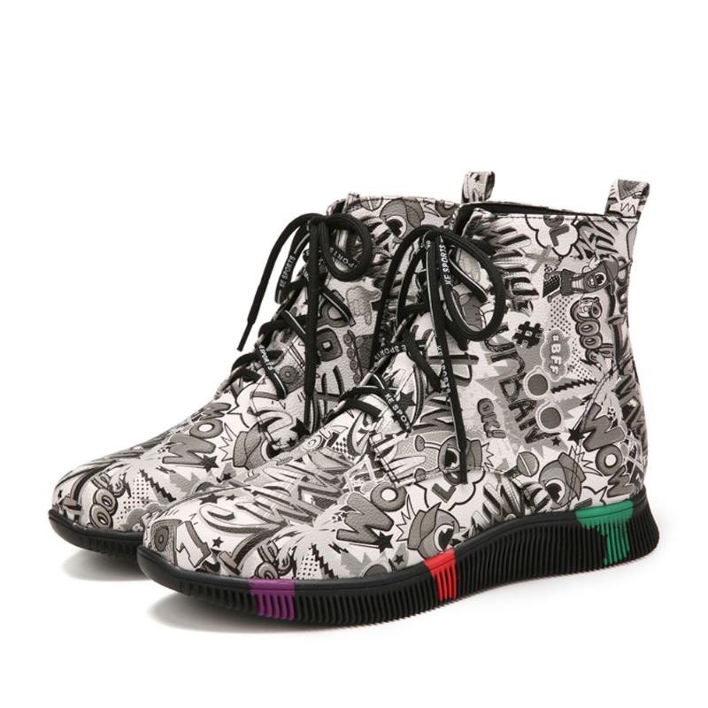 Kvinner Fritids Letter Graffiti Med Trykk Multicolor Snøring Korte Combat Boots