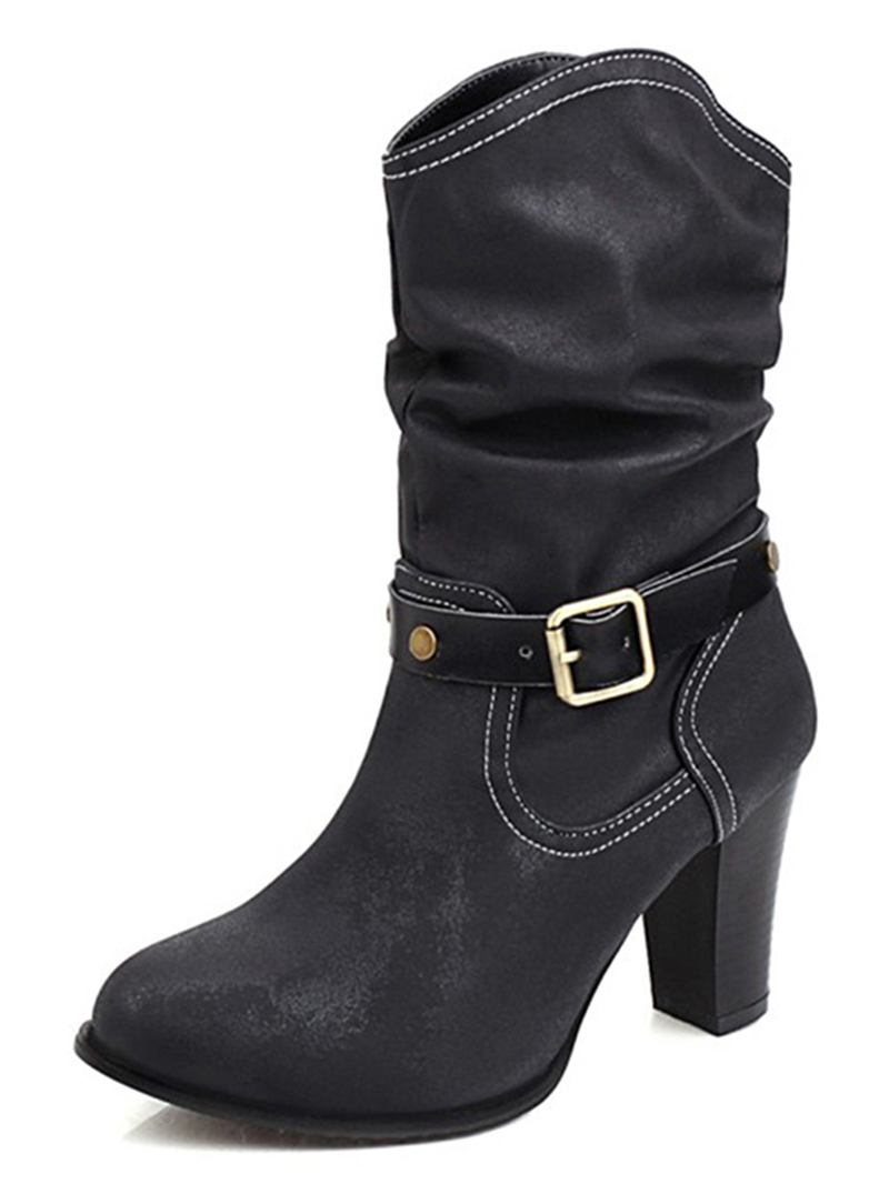 Kvinner Metal Spenne Stropp Dekor Ensfarge Chunky Heel Mid-calf Motorsykkel Støvler