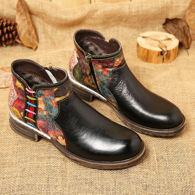 Kvinner Retro Akvarell Stitching Ekte Skinn Glidelås Ankel Boots